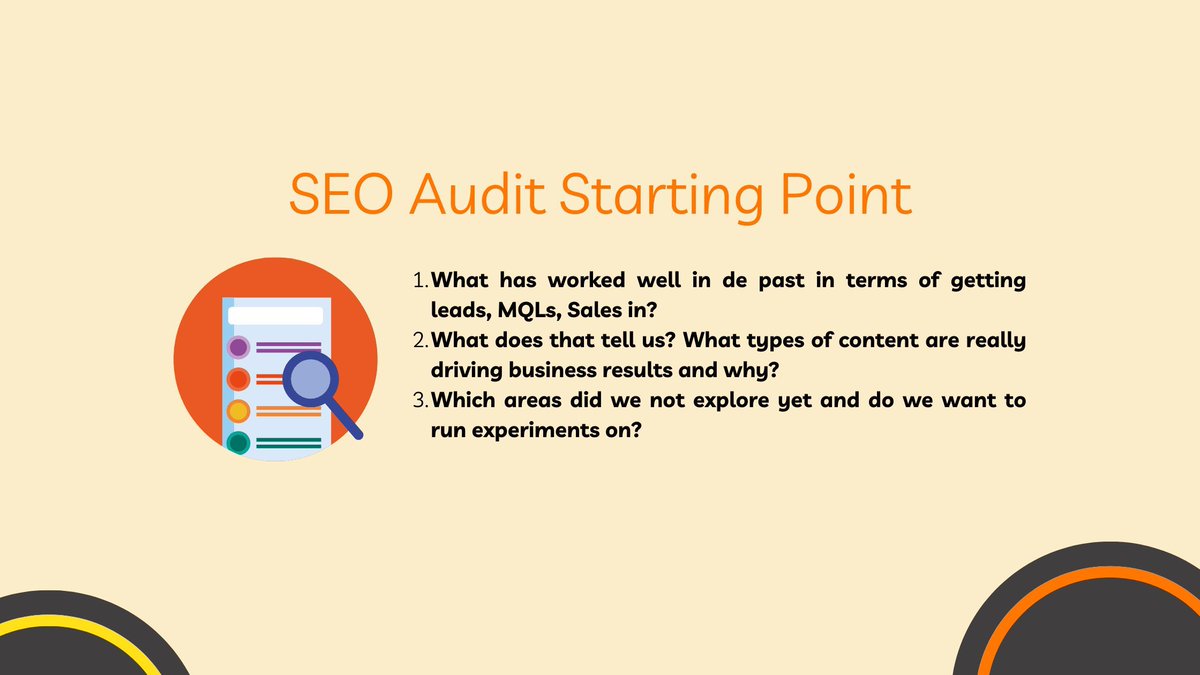 Starting Point #SEO Audit

Understand:

1. What has worked well in de past in terms of getting #leads, MQLs, #Sales in?
2. What does that tell us? What #content is really driving #business results?
3. Which areas did we not explore yet? buff.ly/3NR4Tt8