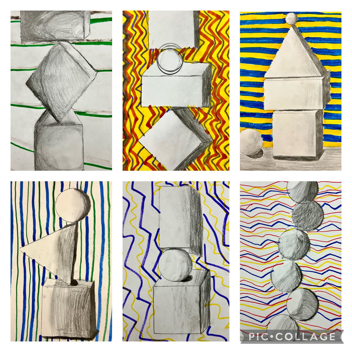 Drawing 3D forms starts with learning how to shade. 5th grade learned about light source, highlights and shadows, balance and line in these 3D form drawings. @HumbleISD_FE @VisualArtHumble #HumbleISDartists