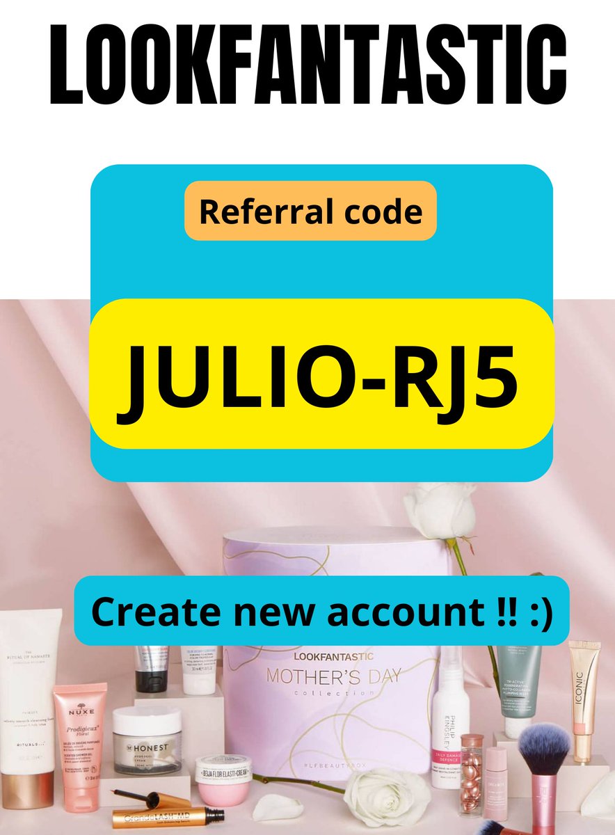 Referral code at #lookfantastic

For new account look fantastic offre

Code : JULIO-RJ5

#discount