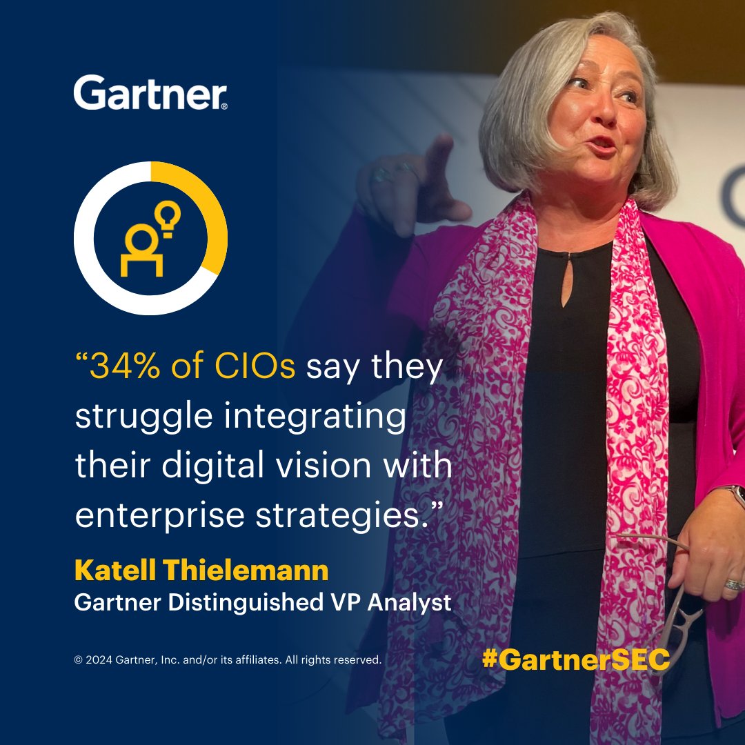 Many CIOs are still struggling to implement their #digital vision says Gartner expert Katell Thielemann. CISOs can help through effective management of digital risks and strategies for resilience. Gain more insights at #GartnerSEC: gtnr.it/4aJWnXn #CISO