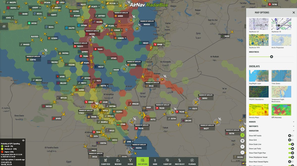 AirNavRadar's tweet image. We are following reports of massive GPS jamming in Israel and Jordan, with airspace closures and military activity escalating. 🗺️

GPS Accuracy Map is available here 👇
radarbox.com/@31.60291,35.3…

Click on &quot;Map Options&quot; and &quot;Overlay&quot;, then &quot;GPS Accuracy&quot;, to use this feature on…