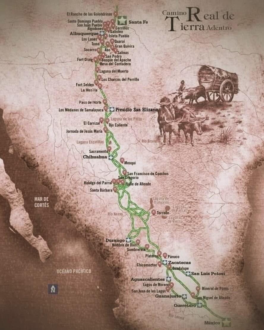 Mapa del “Antiguo Camino Real de Tierra Adentro” durante la época colonial de la Nueva España.

Su trayecto de la Ciudad de México 🇲🇽 hacía el poblado de Santa Fe en el actual Nuevo México 🇺🇸.

#FelizSabado