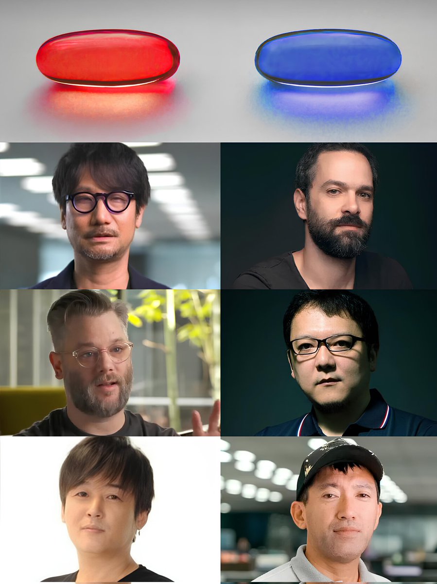 Lord_Musashi33's tweet photo. ▶️ Directores de Videojuegos 

Píldora Roja 🔴 o Píldora azul 🔵 para Directores de Videojuegos.

Que píldora escoges?

Píldora Roja 🔴

▶️Hideo Kojima
▶️Cory Barlog
▶️Tetsuya Nomura

Píldora azul 🔵

▶️Neil Druckmann
▶️Hidetaka Miyazaki
▶️Shinji Mikami

#PlayStation #Gaming #PS5 https://t.co/9QAtpzrat0