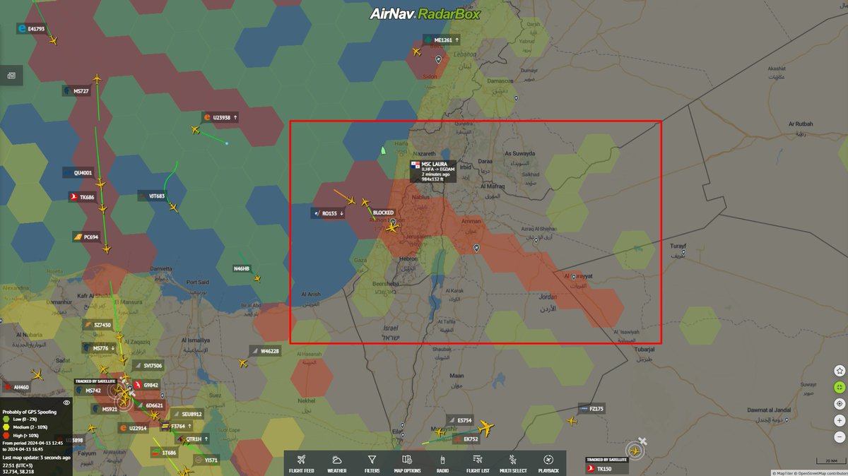 AirNavRadar's tweet image. 🚨Alert: High probability of GPS spoofing detected in the Israel-Jordan region (&amp;gt;10%). 

Live map: radarbox.com/@31.89224,35.3… 

#GPSspoofing #Israel #Jordan