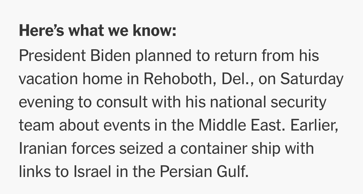 Iran should really be more considerate of Biden’s busy vacation schedule when they do these attacks on America’s allies, it’s mighty rude of them to interrupt the Presidents weekly vacation routine in Rehoboth