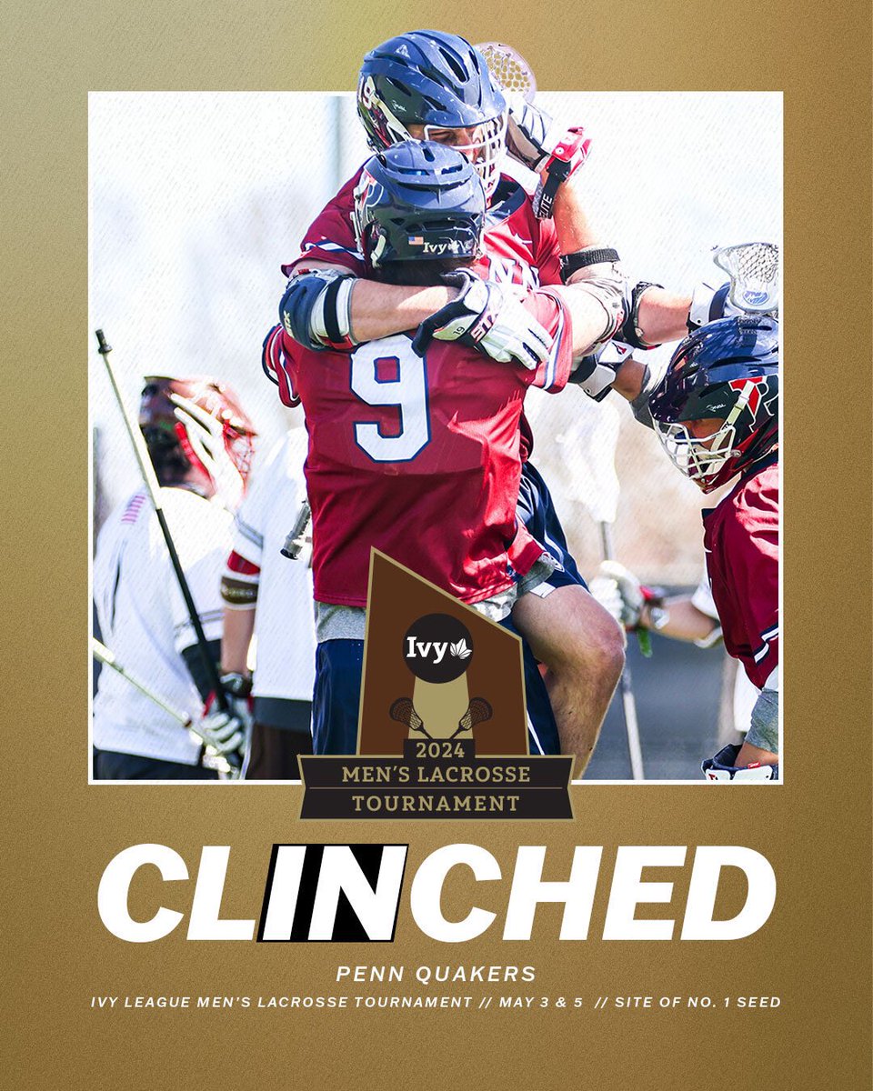 QUAKERS TO THE TOURNEY. With today’s win over Harvard, @PennMensLax is the first program to clinch a spot in the 2024 Ivy League men’s lacrosse tournament. The tournament will be at the site of the No. 1 seed on May 3 & 5. 🌿🥍 🔗 » ivylg.co/24MLAXTourname…