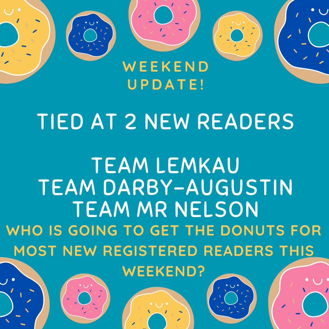 The competition for the two dozen donuts on Tuesday is FIERCE!!!   Can Team Lemkau win two dozen donuts?!?!

#jeffersonpta #togetherwearestronger #GoChargers #community #readathon #fundraiser

@EPS_JeffersonES @EverettSchools @EverettPTSA @EPS_Region2