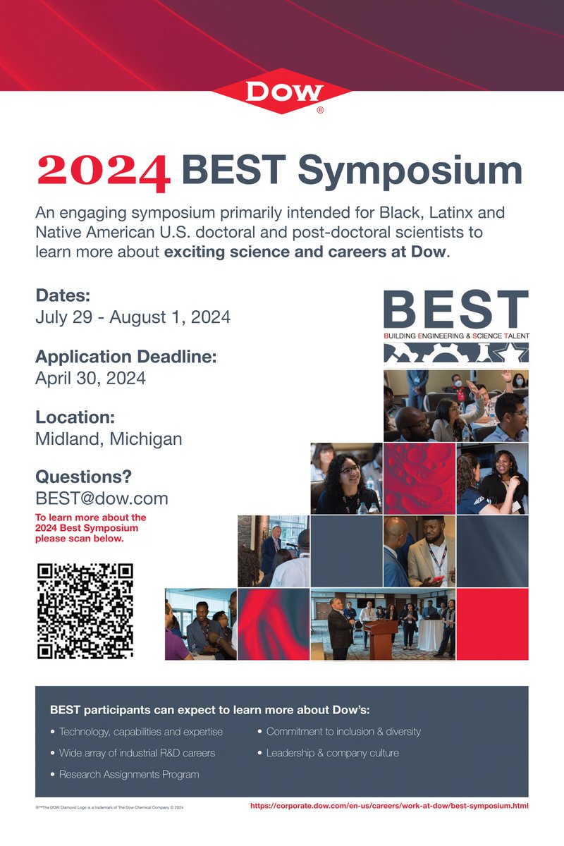 Interested in learning about the exciting science and careers at Dow? Apply to the Dow Building Engineering and Science Talent (BEST) Symposium by April 30. Learn more and apply at corporate.dow.com/en-us/careers/… #Leadership #Networking #Awards #Learning #Diversity @DowNewsroom