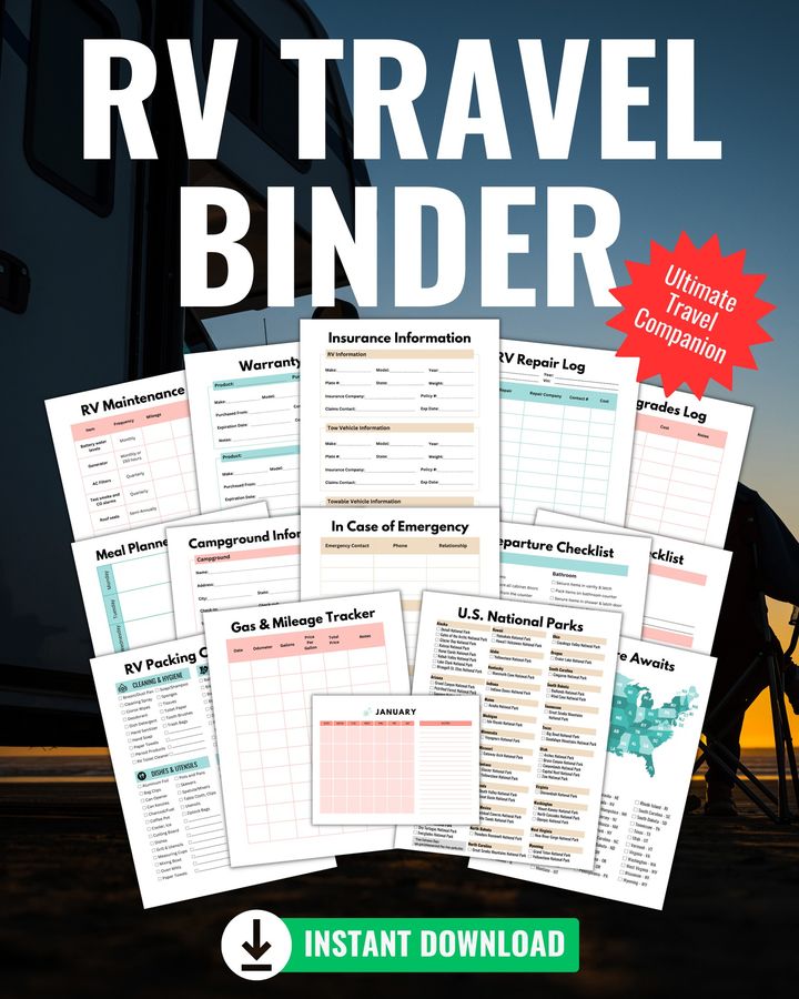 Our 39-page RV Travel Binder includes everything you need for an organized, stress-free vacation! This bundle includes 15 of our most popular products - RV Packing Checklist, Meal Planner, Setup & Teardown Checklists, and more! Download it now! 
👉 store.camperfaqs.com/products/rv-tr…
