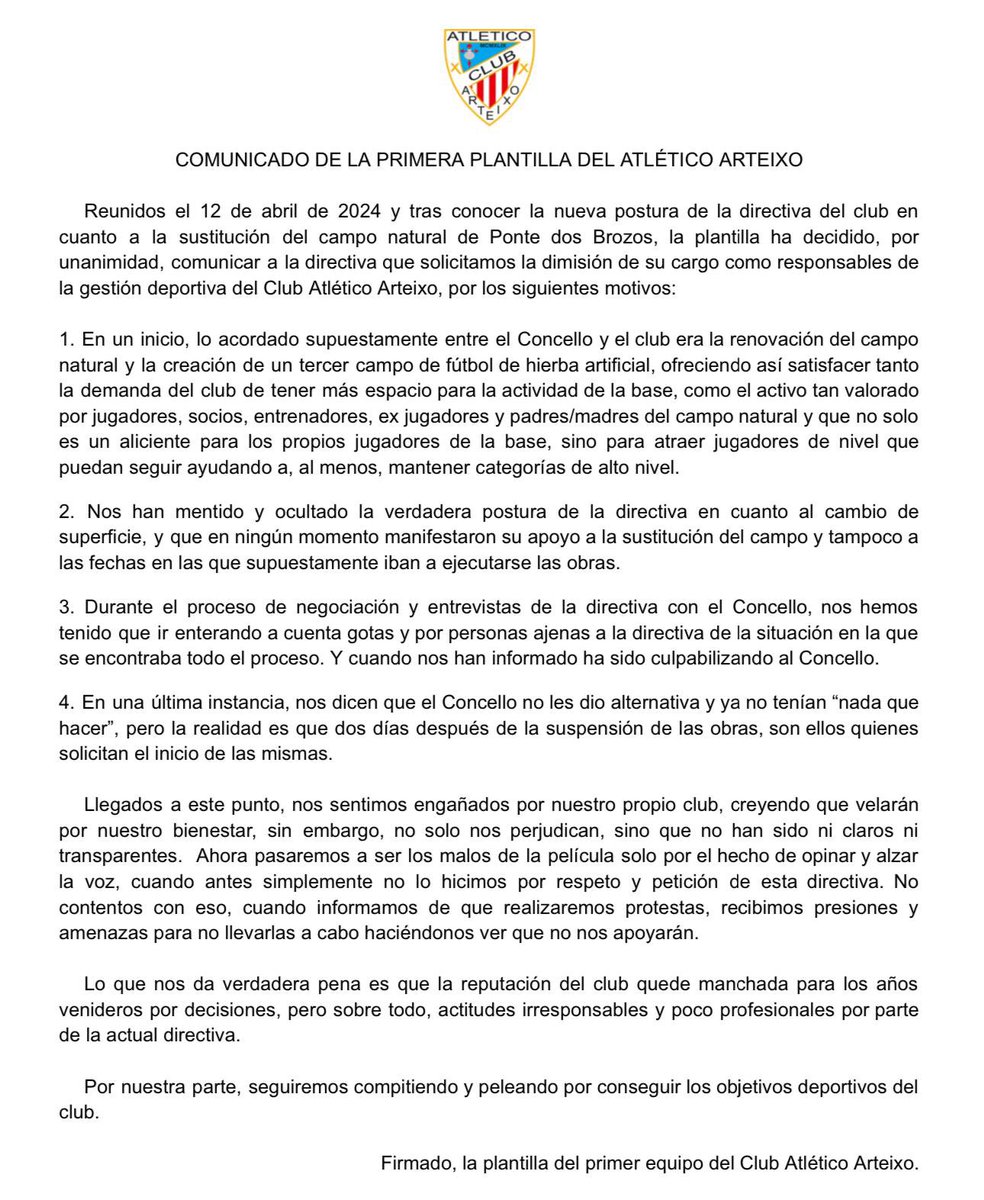Comunicado de la Primera Plantilla del Atlético Arteixo