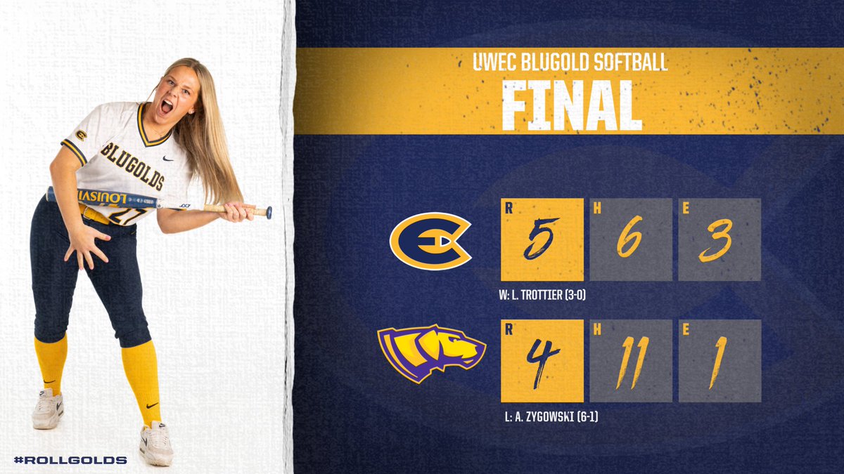 WHAT A WIN!! The Blugolds come back to upset #20 UW-Stevens Point in a thrilling end to the game! 🥎🥇 #RollGolds @UWECSoftball