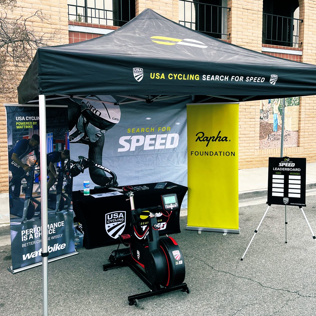 REDLANDS: We are all set-up and @wattbike testing here at the @redlandsClassic Criterium Stage…stop by our tent and show us that power!! 🔥🔥🔥