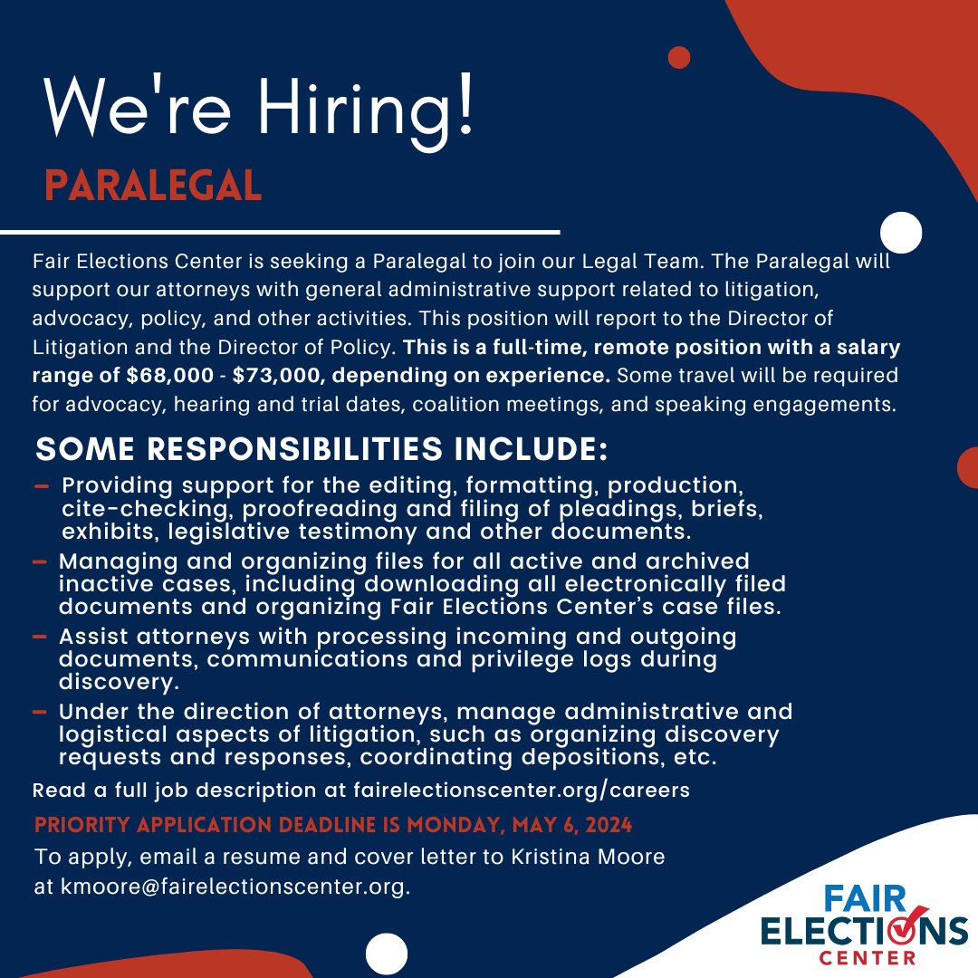 The Fair Elections Center team is growing! We're hiring a new paralegal. Head to fairelectionscenter.org/careers for more information and apply today!