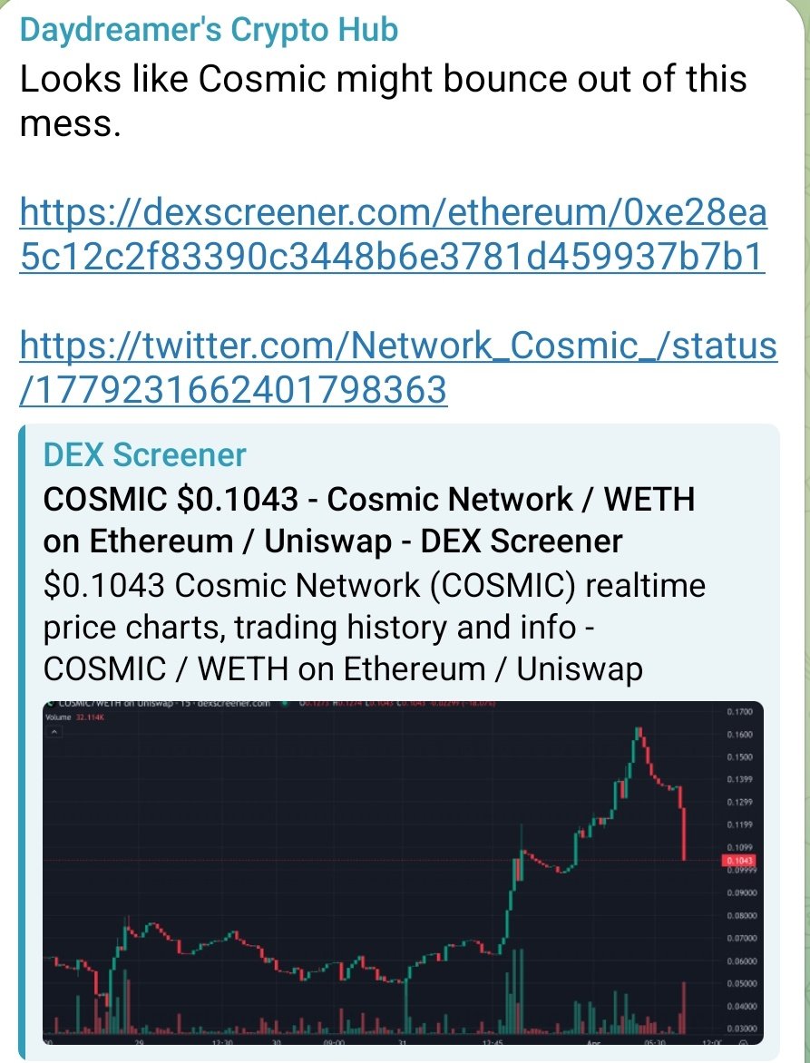 DaysCryptoHub's tweet image. This is bullish for $Cosmic
I aped a decent bag in here.