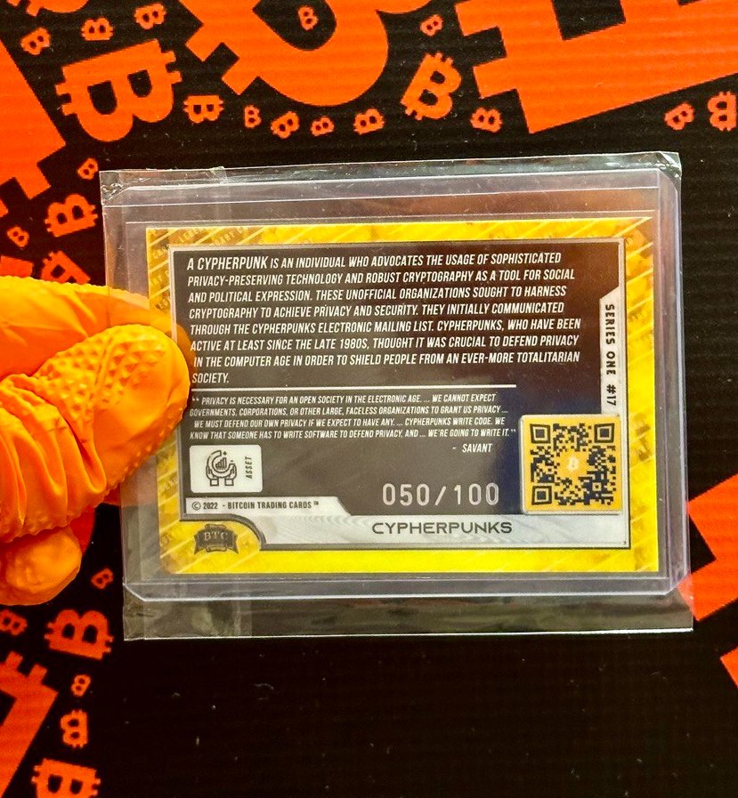 S1 Cypherpunks #50/100 Potentially the most legendary card in Bitcoin Trading Cards! #50 and it appears gorgeous! An instant grail in any collection, now is the rare chance to add Cypherpunks to yours. See it now at @bitblockboom 🔗 scarce.city/auctions/s-1-c…