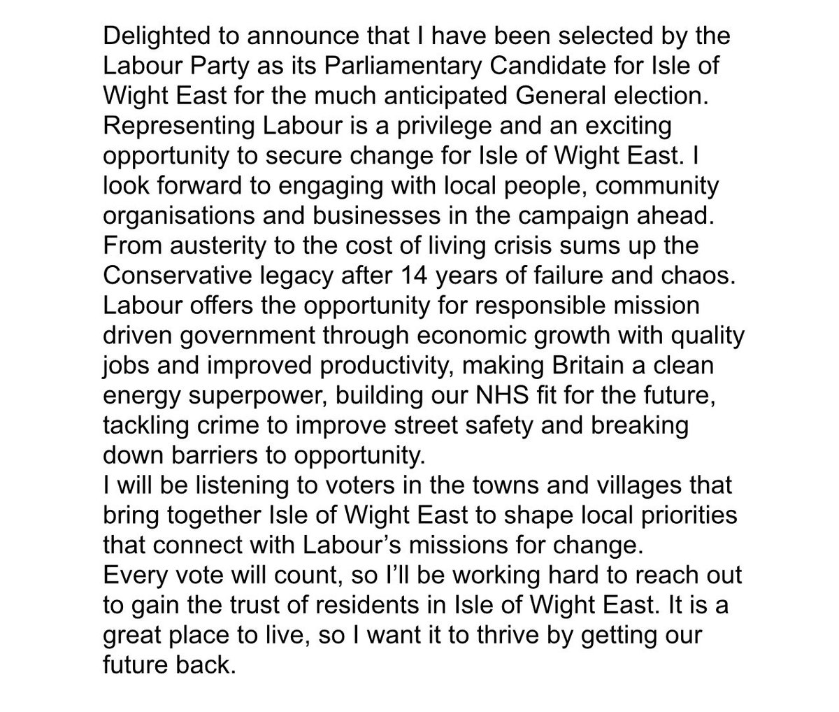 Delighted to announce that I have been selected by the Labour Party as its Parliamentary Candidate for Isle of Wight East for the much anticipated General election.