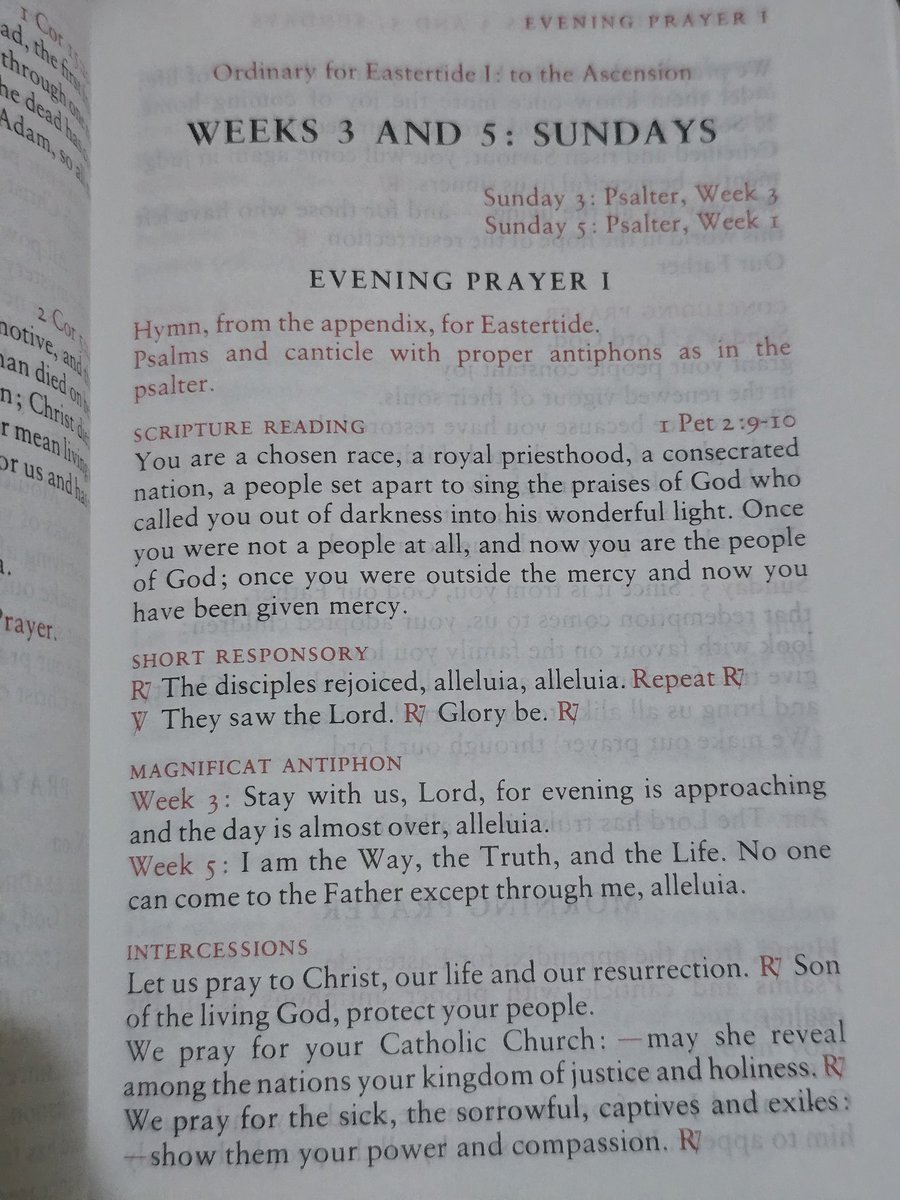 Saturday, week 2 of #EasterTide
#Vespers 
Intercessions — We pray for your Catholic church. May she reveal among the nations your kingdom of justice and Holiness. Son of the living God, protect your people.
#LiturgyOfTheHours
#DivineOffice
#Catholic