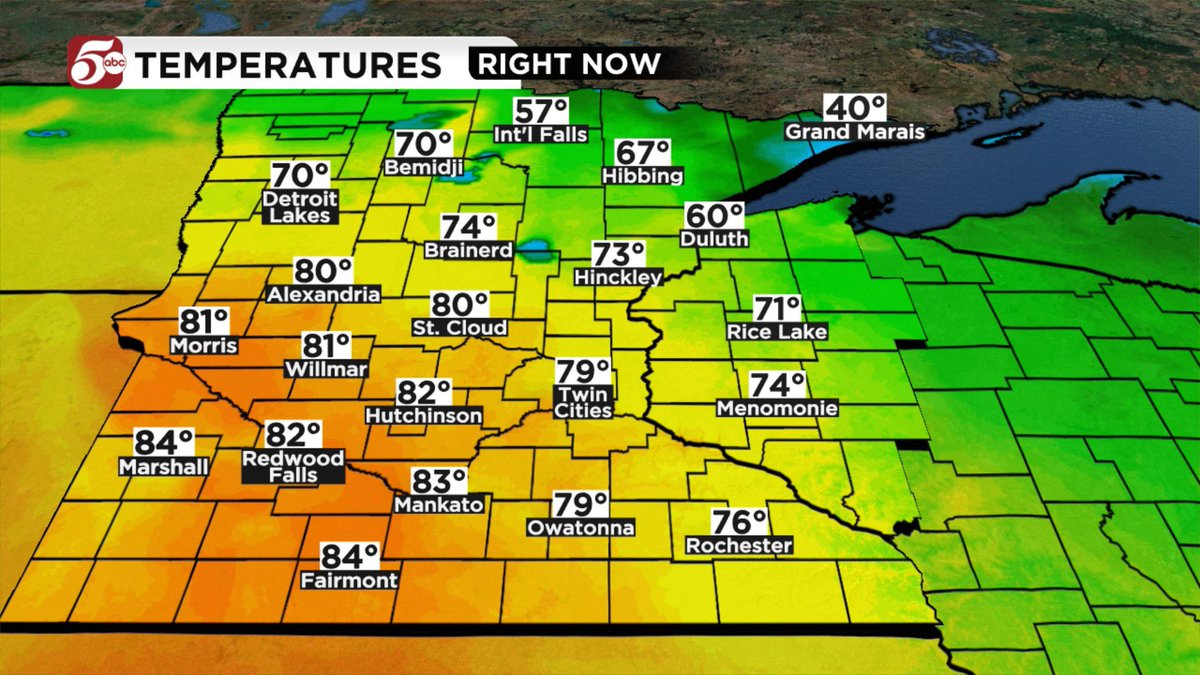 One year ago today, the Twin Cities and St. Cloud set new daily record highs (87° and 86°, respectively). Hot again this year with both cities likely hitting 80° Saturday afternoon. Not quite there *yet* at MSP.