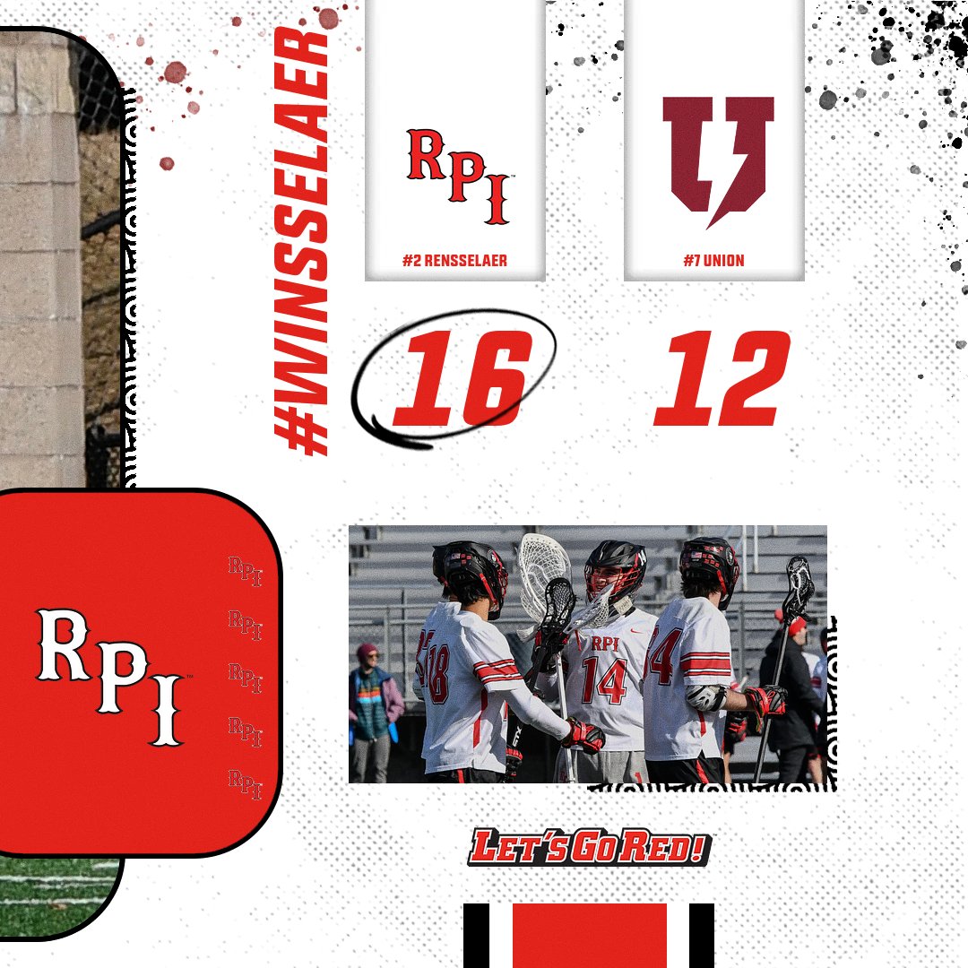 #WINsselaer! Lucky #⃣1⃣3⃣ in the books 📚 as @RPIMLax stays unbeaten and takes down No. 7 Union at ECAV Stadium Saturday afternoon! Luke Murphy scores six times and snags four ground balls in the win! #LetsGoRed 🔴