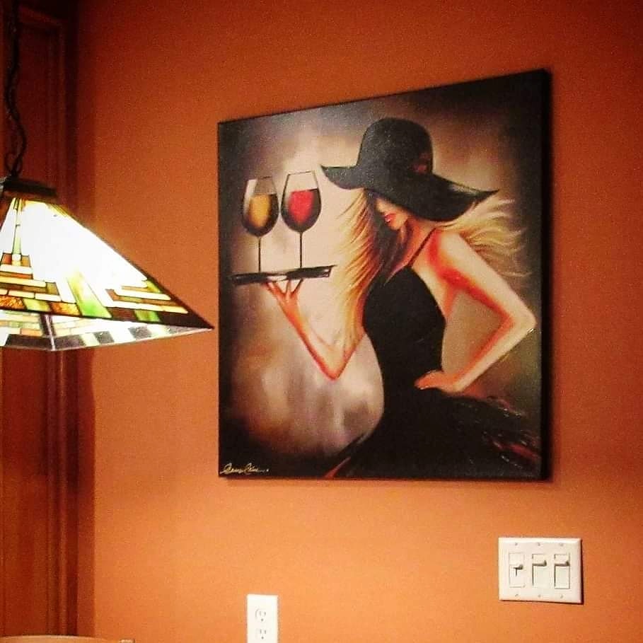 Client pic of my #wine #art Pick Your Poison displayed in their bar (find this #wineart in many sizes leannelainefineart.com) #wineartist #winetasting