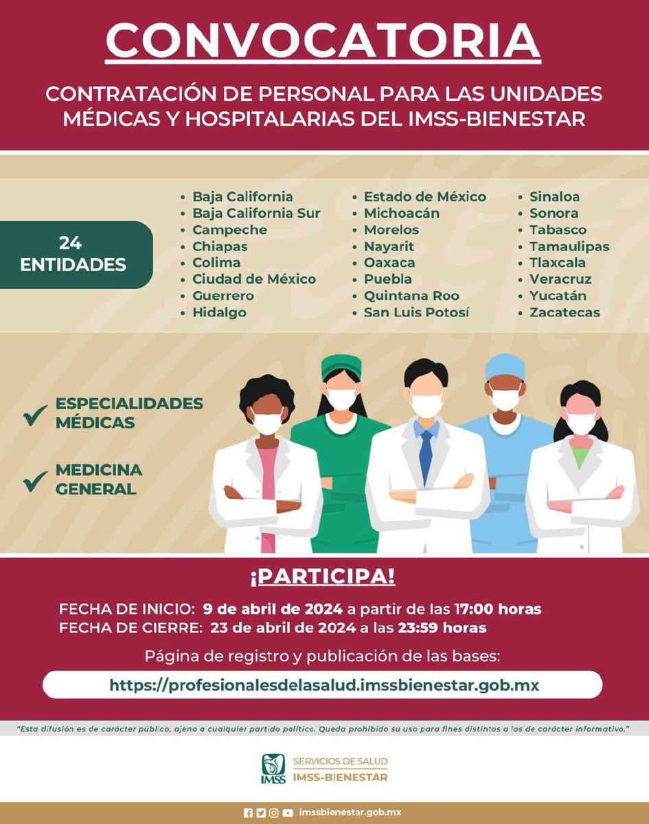 Tu_IMSS's tweet photo. 🖋️ Convocatoria | Contratación de personal para las Unidades Médicas y Hospitalarias del #IMSSBIENESTAR. 

🗓️ Regístrate del 9 al 23 de abril 2024. 

📲 Puedes realizarlo en: https://t.co/2yhScXACi7 https://t.co/lmUQLjb9Lq