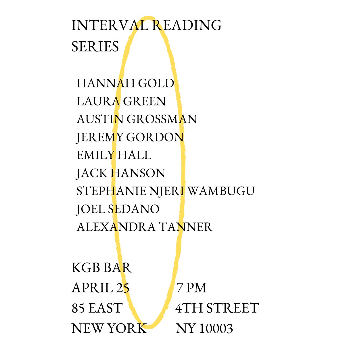 We're back! The next Interval Series event will take place on Thursday, 4/25, at @kgbbarlitmag with readings from @jeremypgordon @alex___tanner @emilyhallnyc @j_ckh_ns_n @hannahpgold and more! Doors at 7, Readings 7:30. Free!