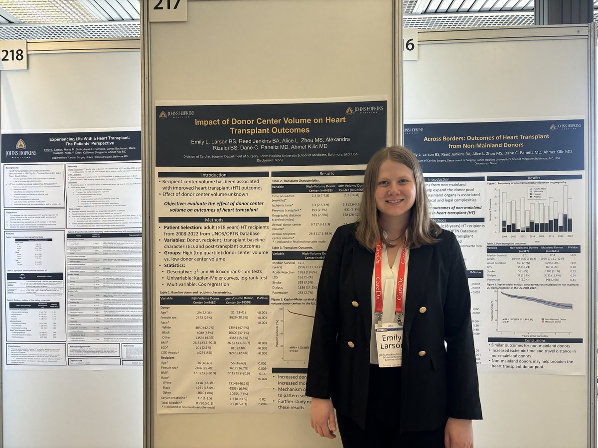 💫 Three cheers 👏 for @LarsonEmilyL, a rising superstar in CT surgery, for showcasing her brilliance with 3️⃣ impactful posters at the @ISHLT 2024 annual meeting! 🌟@AhmetKilicMD @hopkinsheart @HopkinsMedicine @hopkinssurgery