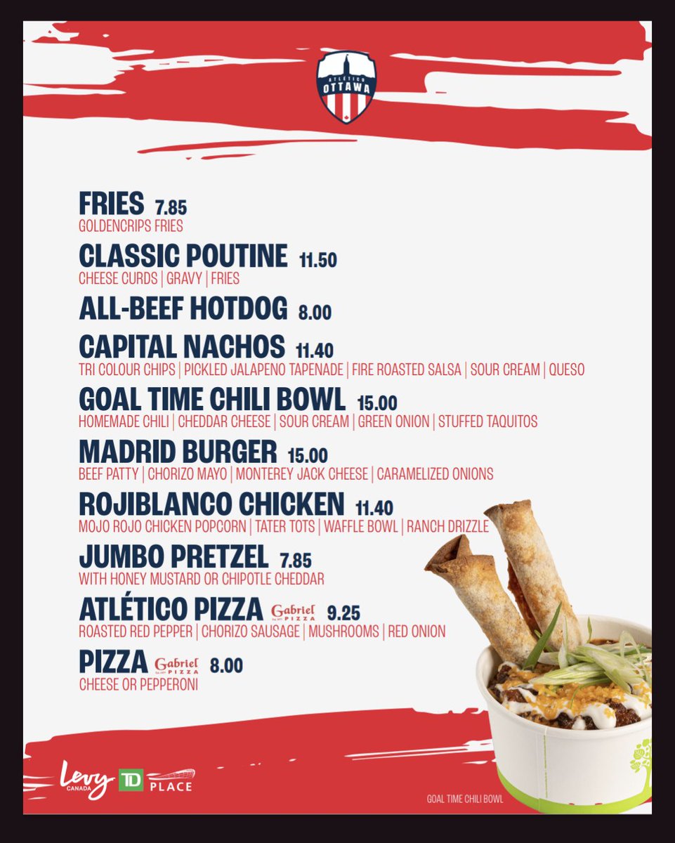 Story of the day today from @tdplace_Levy / @TD_Place / @atletiOttawa was their new refreshed menu for the season. Great features, and an all-beef dog on deck. 🌭📝🔜

#VamosAtleti #AtleticoOttawa #ForOttawa