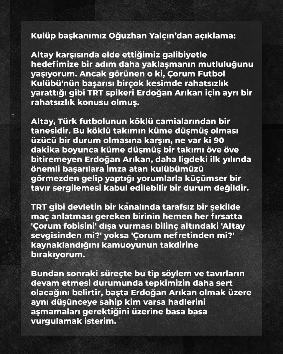 Kulüp başkanımız Oğuzhan Yalçın’dan açıklama:
