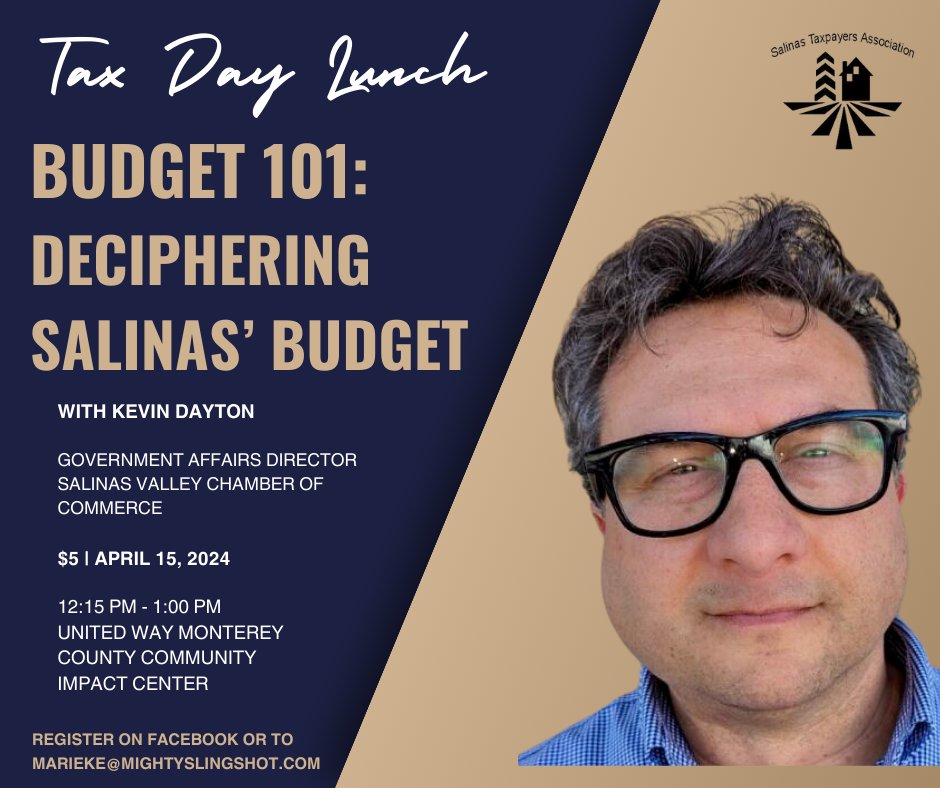 Are you interested in learning how the City of Salinas develops &amp; approves its annual budget?
I'll be the speaker at Salinas Taxpayers Association "Tax Day Lunch" on Monday, April 15 in Downtown <a href="/CityofSalinas/">City of Salinas</a>.
facebook.com/events/8282238…
City has a projected $20 million deficit.