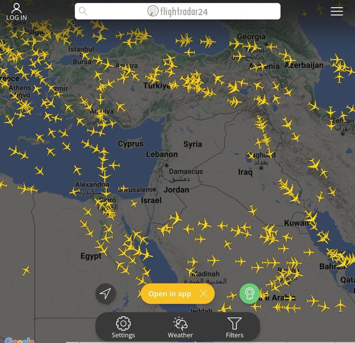 🚨 JUST IN: Commercial Air Traffic over the Middle East Right Now

A complete no-fly zone throughout the region as Iran reportedly launches dozens of suicide drones towards Israel.