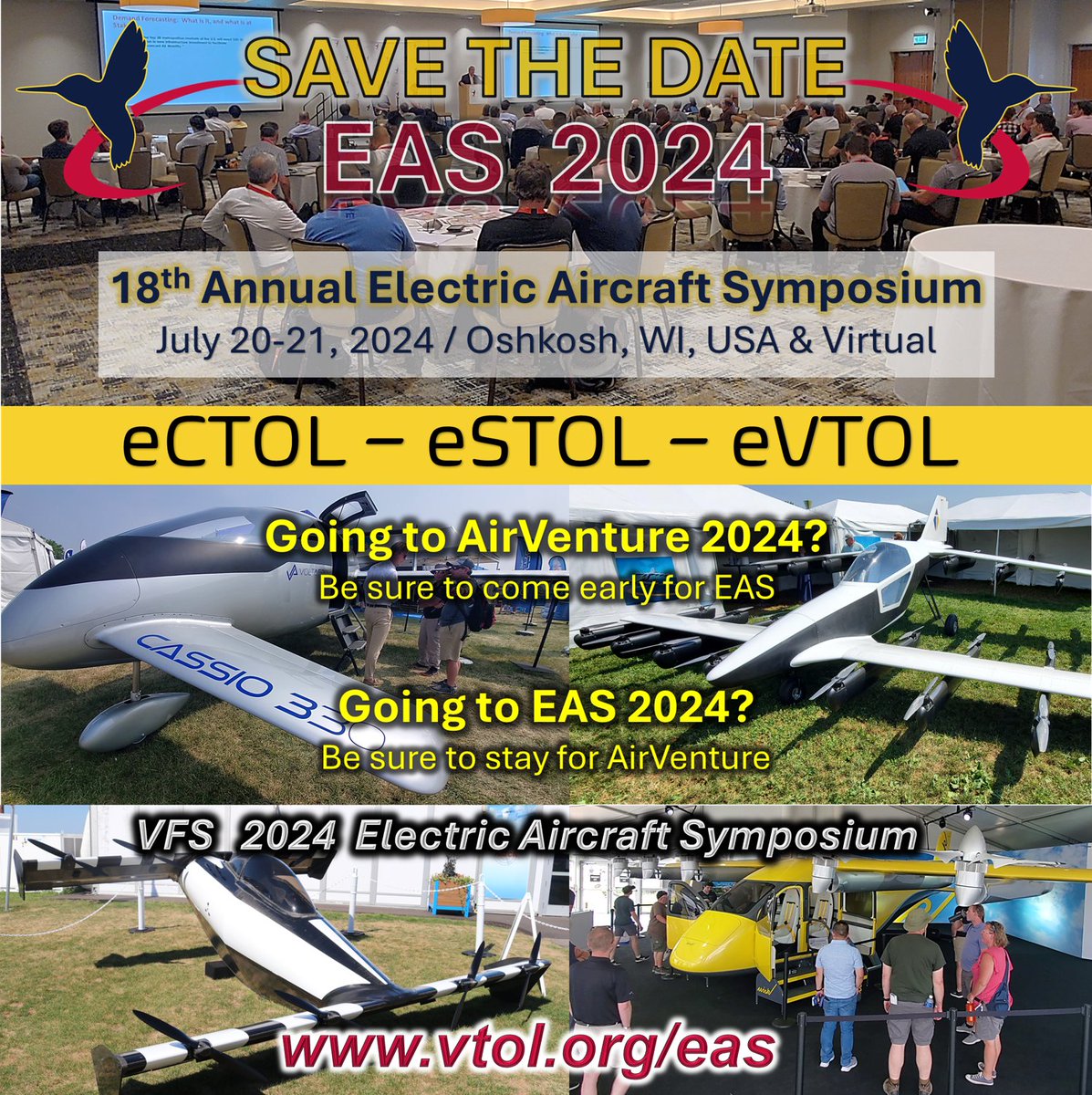 The Vertical Flight Society Electric Aircraft Symposium (EAS) is the world's longest-running annual conference on Electric Aviation. 
Link: vtol.org/eas 

<a href="/VTOLsociety/">The Vertical Flight Society</a> <a href="/verticalavi/">Vertical Aviation International</a> <a href="/FAANews/">The FAA ✈️</a> <a href="/NASAOofficial/">National Association of State Aviation Officials</a> <a href="/NASA/">NASA</a> <a href="/vstol/">Mike Hirschberg</a> <a href="/eVTOLInsights/">eVTOL Insights</a> <a href="/eVTOLmag/">eVTOLmag</a> #OSH24 <a href="/EAA/">EAA</a>