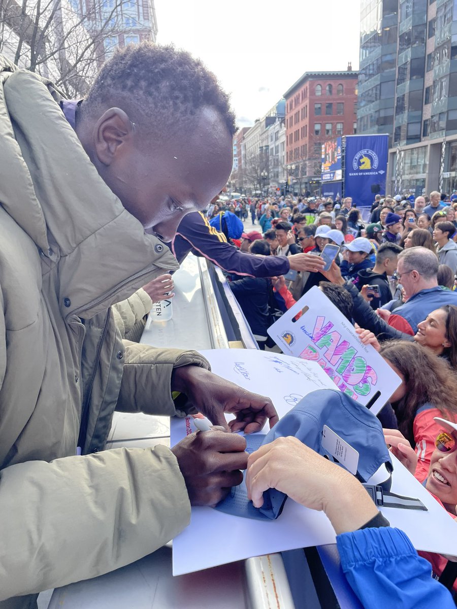 Finish line frenzy- Pros out to meet and greet! @bostonmarathon
