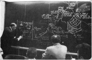 A Tale of Four Blackboards: Albert Einstein: estimating the age of the universe Niels Bohr: final blackboard depicting quantum thought experiment called the Einstein Box Richard Feynman: final blackboard with inspiring words John Wheeler: thinking in pictures