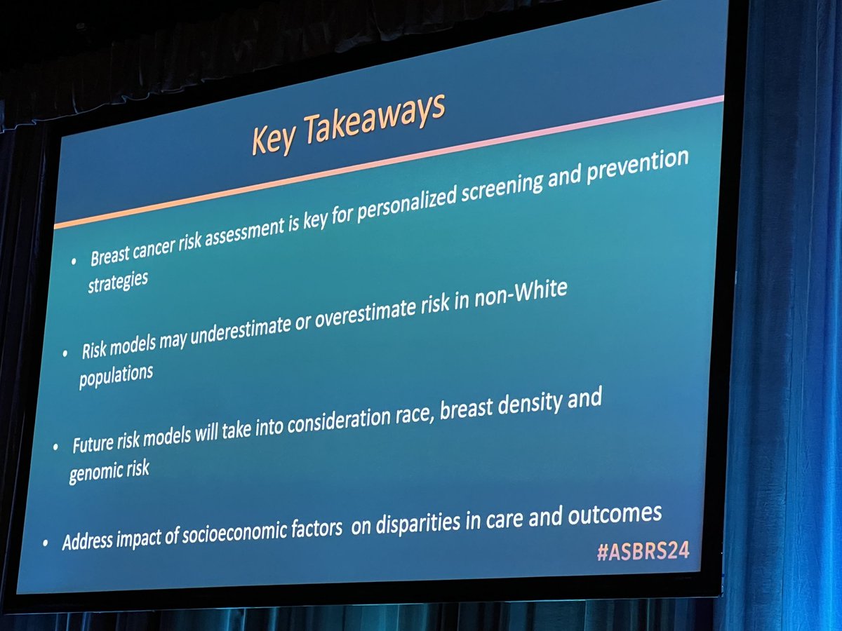 Outstanding presentation by ⁦@ZAlHilliMD⁩ 🤩🤩🤩 Important discussion on Improving Risk-based Breast Cancer Screening Across Ethnicities. Black women more likely to have earlier diagnosis. Risk models less accurate for non white👇🏼👇🏼👇🏼#asbrs24 ⁦@ASBrS⁩