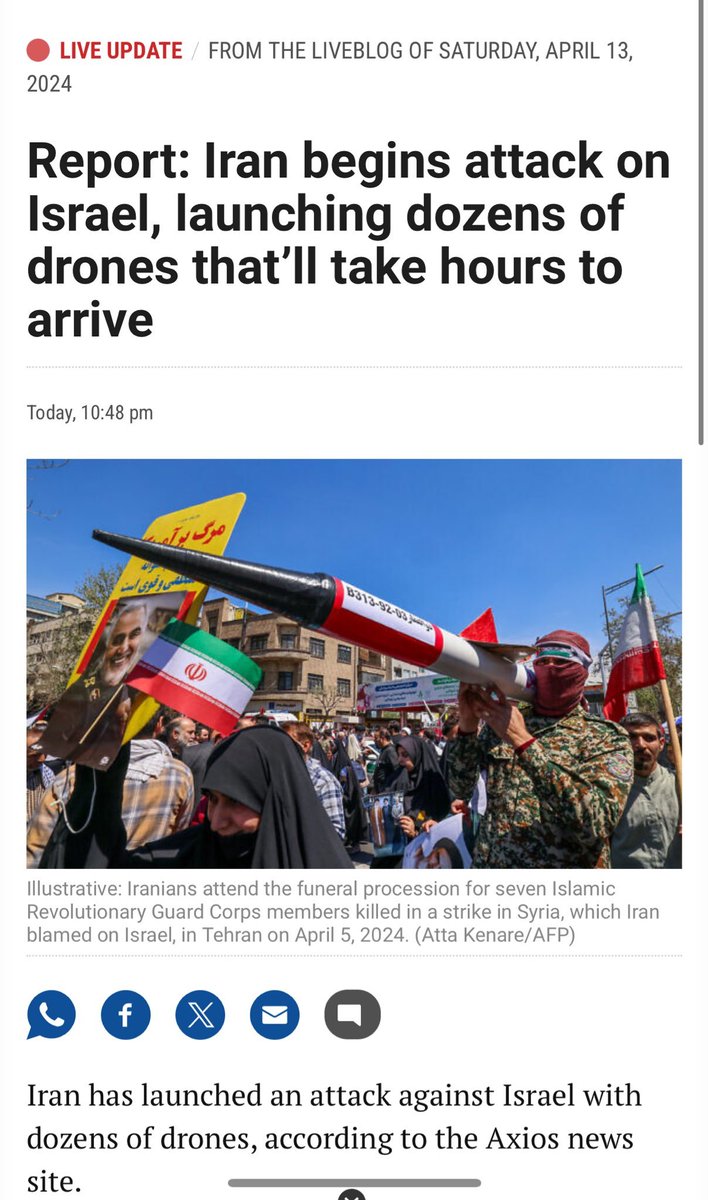 Reports that Iran has launched suicide drones headed towards Israel