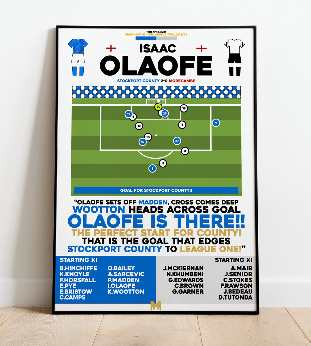 🚨NEW DROP🚨 Congratulation to Stockport County on your Promotion to League One!⬆️ We're proud to release a Framed Print to make any County fan Happy!🔵 Isaac Olaofe v Morecambe🏴󠁧󠁢󠁥󠁮󠁧󠁿 CODE: 'COUNTY' for 15% OFF All SCFC Items✅ ➡️mezzaladesigns.co.uk/collections/st… #stockportcounty