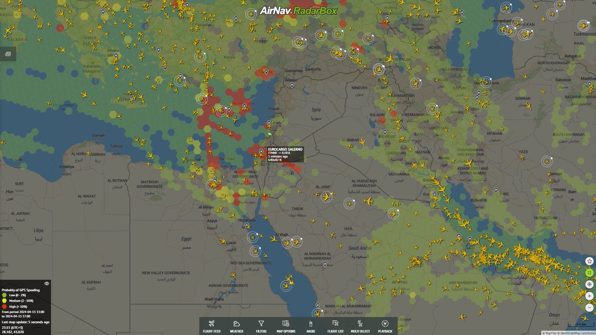 Here's the current air traffic over the Middle East alongside a map highlighting potential GPS Spoofing risks. Green indicates low, yellow medium, and red high likelihoods of spoofing. ✈️🌍

Live map: radarbox.com/@29.98389,42.3…

#AirTraffic #GPS #MiddleEast