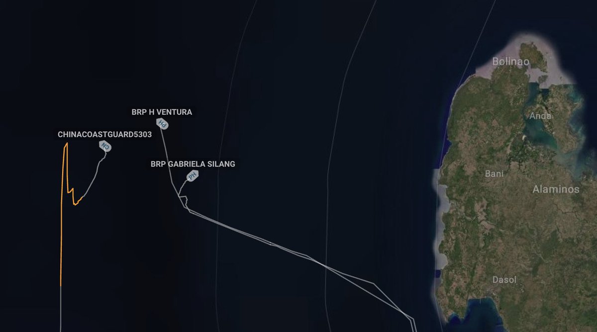 🇨🇳China Coast Guard 5303 is 35nm from the 🇵🇭#Philippines' coast, blocking the path for 🇵🇭's BRP H Ventura & its escort BRP Gabriella Silang to get to their assigned hydrographic research area north of Scarborough Shoal. They have barely moved this past 8 hours.👇