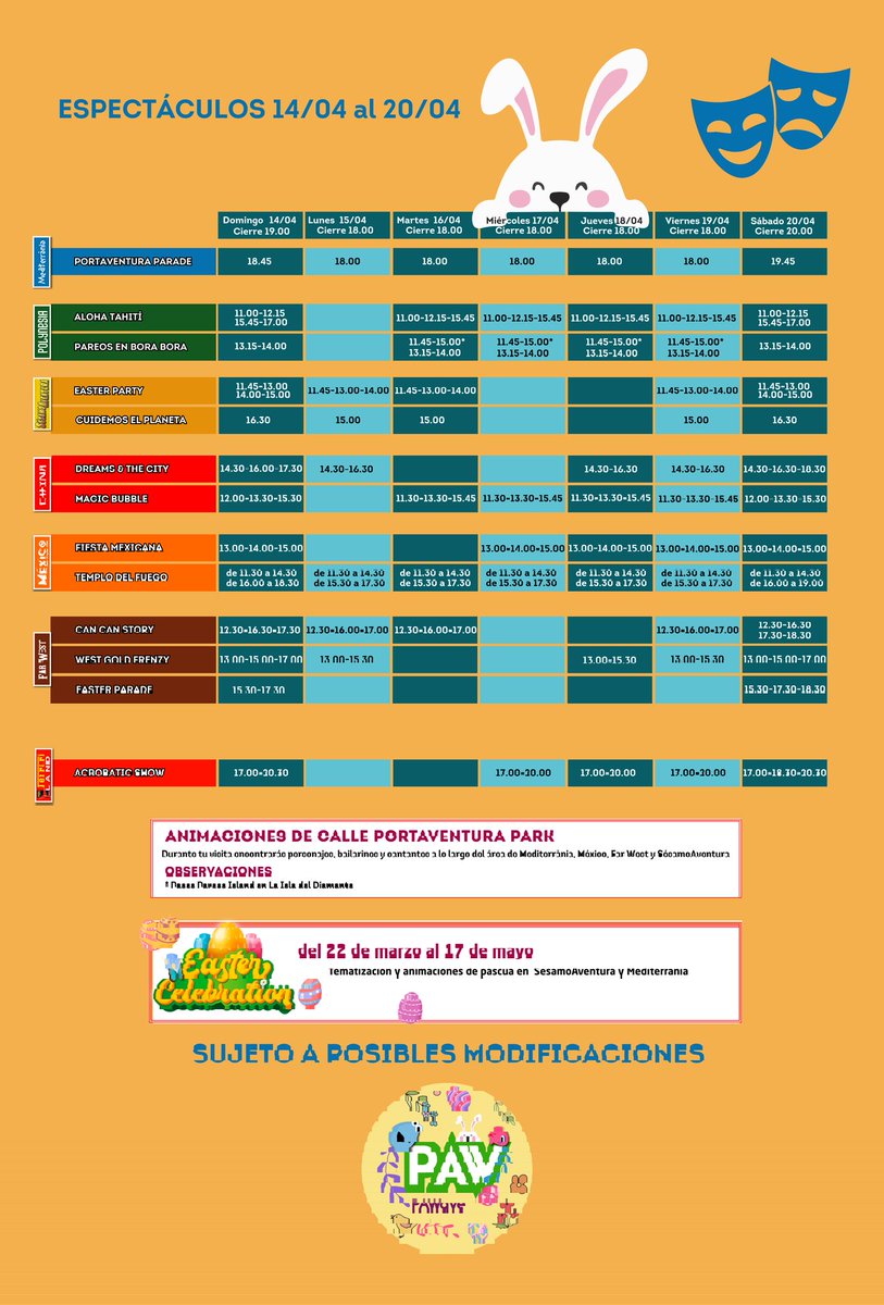 Horarios espectáculos del 14 al 20 de abril.

#portaventura
#portaventuraworld