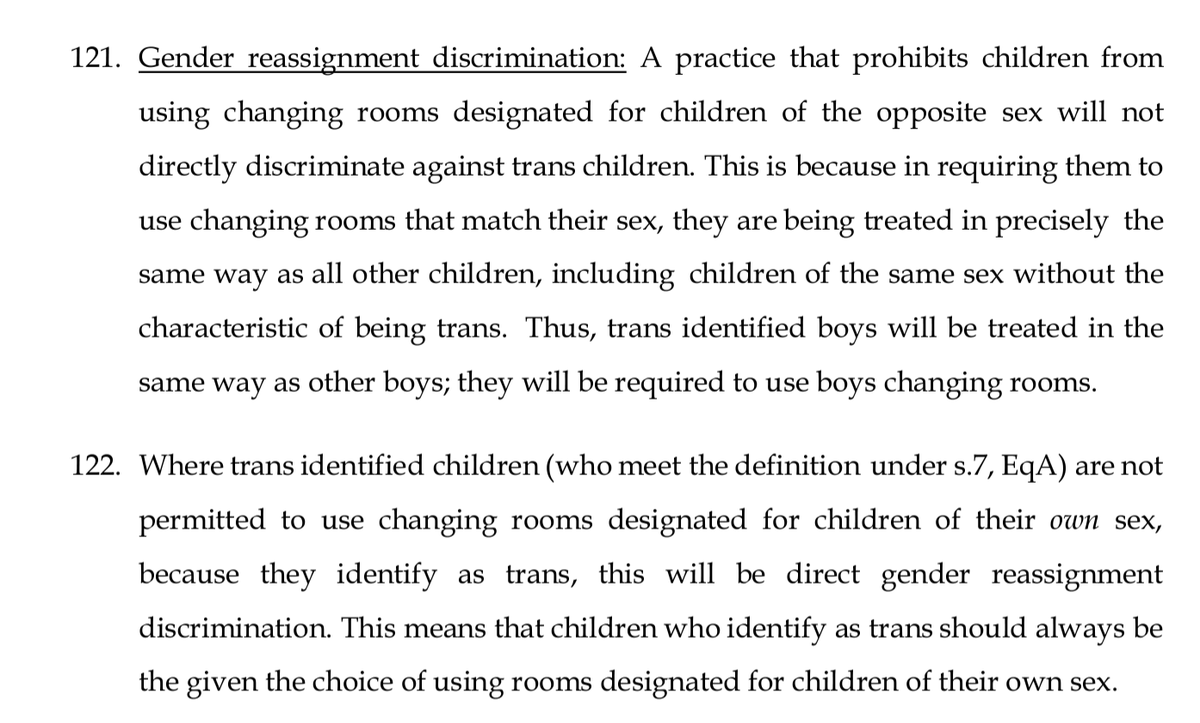 This point is really important. 

The thrust of the EqA is 'don't treat people differently because they have a protected characteristic'.

So in school if a child says they are trans (and may have the PC of GR) the school should treat them the same as their peers, not…