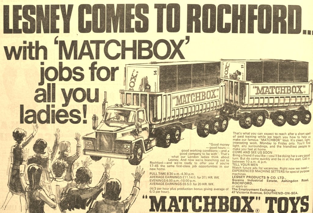 This day April 14th (1969) the Matchbox Toy Company began production of die cast toy car chassis at their newly acquired factory in Ashingdon Road, Rochford. The 1980’s saw the demise of Matchbox and in 1987 the site was closed. essex100.com