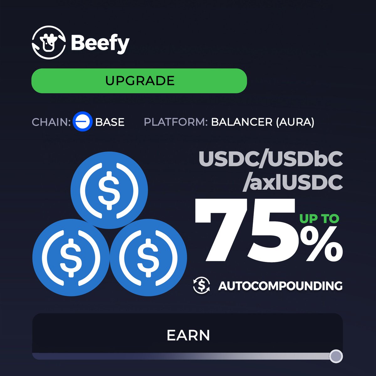 Blue stablecoin with and without a 'b' and a diva frontman. 🆕 $USDC / $USDbC / #axlUSDC: 75% APY 👉 app.beefy.com/vault/balancer… @Axelcore @Balancer @AuraFinance @Base