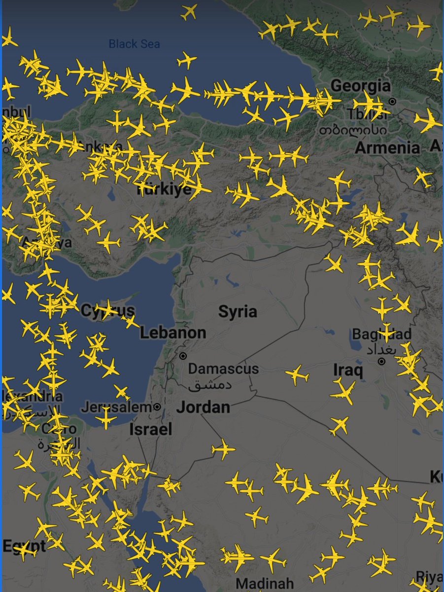 #Iran has for the first time , launched a massive scale attack using suicide drones , exploiting airspace over Iraq , And into #Israel , This is the current air-picture as the first direct escalation of conflict is marked. #drones