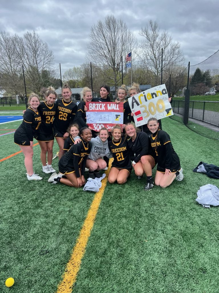 Congratulations to our Goalie Arianna O’Keefe on her 300th save today and a team victory over Nazareth! We are so proud of you!🎉💪🏼🥍🖤💛 #FreedomLaxFam