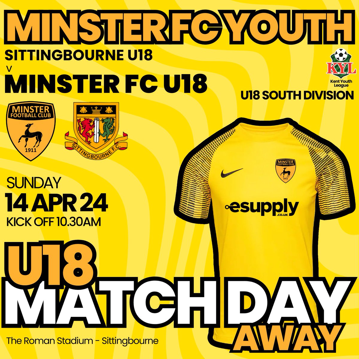 Our U18 lads are away to Sittingbourne in the 
@KentYouthLeague this morning

GOOD LUCK LADS  !!  

Thank you to our kit sponsors   
#esupplyUK 

#mcmxi #enjoyfootball #iloveminster #minsterfcyouth