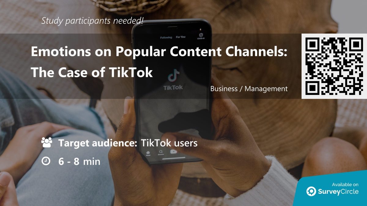 Participants needed for online survey!

Topic: 'Emotions on Popular Content Channels: The Case of TikTok' surveycircle.com/JBK8LX/ via @SurveyCircle #UniofGreenwich

#ConsumerResearch #tiktok #SocialMedia #emotions