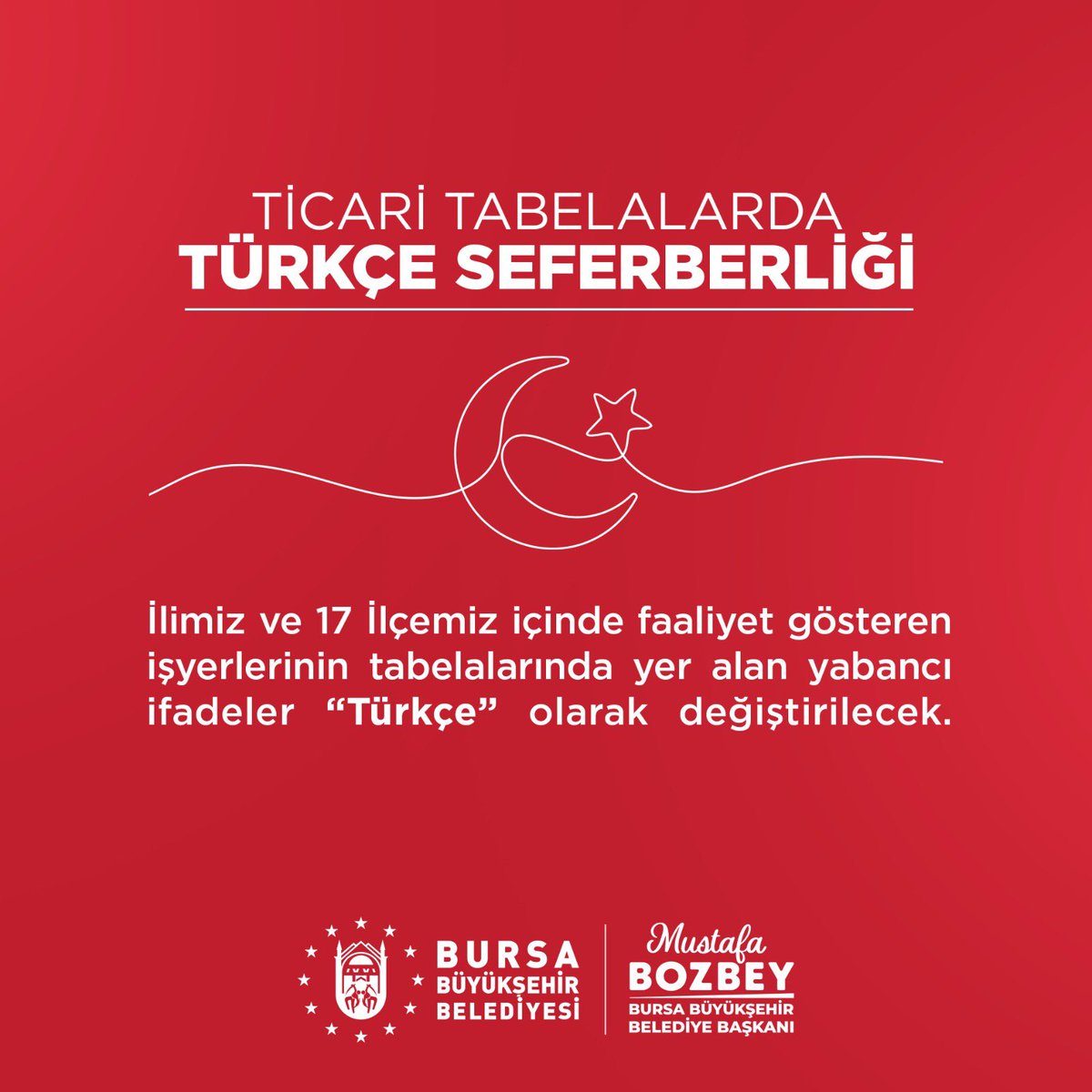 #GülümseyinBursadasınız 🇹🇷

Yeni dönemin ilk meclis toplantısında Büyükşehir Belediye Başkanımız <a href="/mustafabozbey/">Mustafa Bozbey</a>'in önergesiyle; Bursa’mızda faaliyet gösteren işyerlerinin tabelalarında yer alan yabancı ifadelerin Türkçe olarak değiştirilmesi kararı alındı.