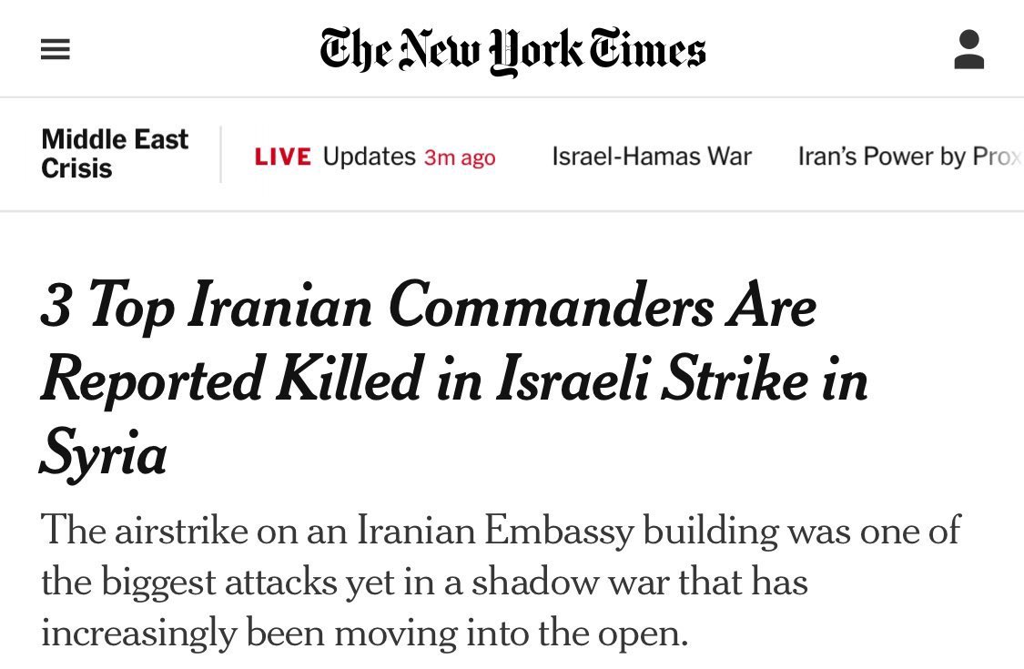 <a href="/HilzFuld/">Hillel Fuld</a> Correction: Iran is RESPONDING to our attack on their embassy. We killed 16 people including top commanders FIRST.