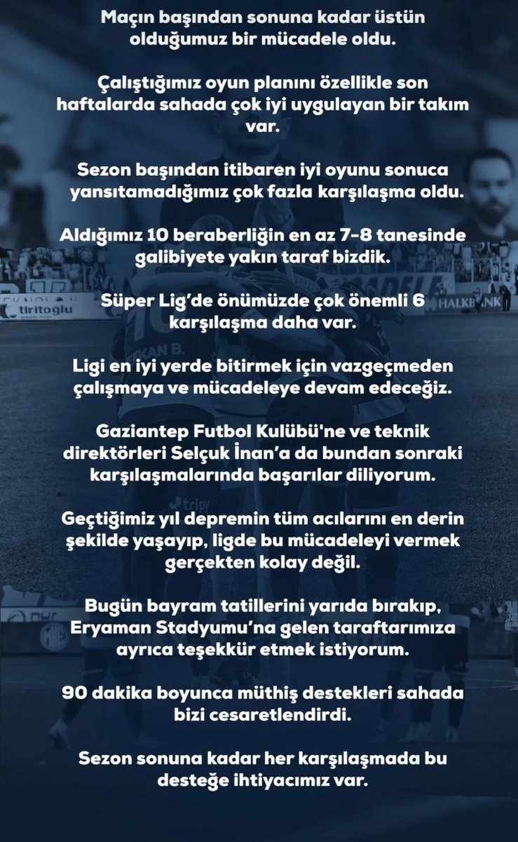 Teknik Direktörümüz Emre Belözoğlu’nun instagram hesabından yapmış olduğu paylaşım; 

“ÖLÜMÜNE MÜCADELE!” 
#Ankaragücü